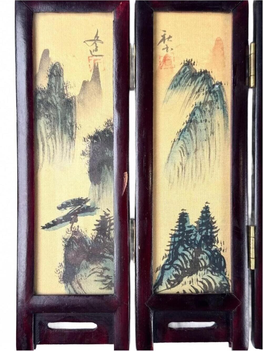Vintage Mini Folding Screen Two-Sided China Silk Painting Birds Flowers Mountain - Picture 9 of 14